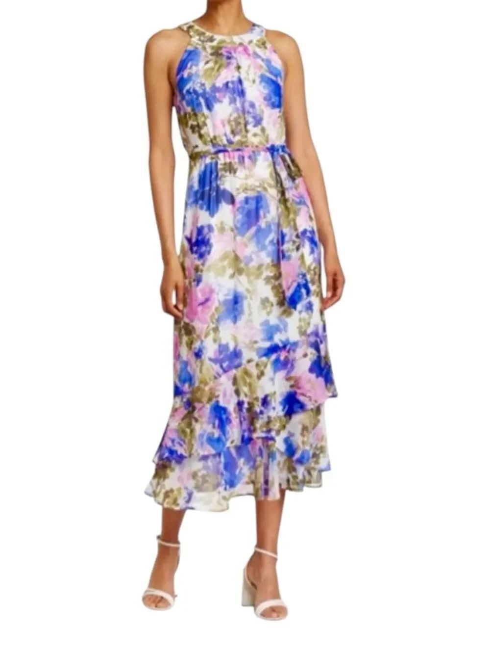 Calvin Klein Floral Halter Spring Wedding Guest Maxi Romantic Ruffle Dress Sz 2